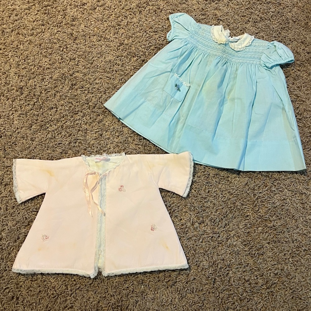 Vintage Nannette Smocked Blue Dress‎ & Mary Smith Pink Lace Jacket Baby Set